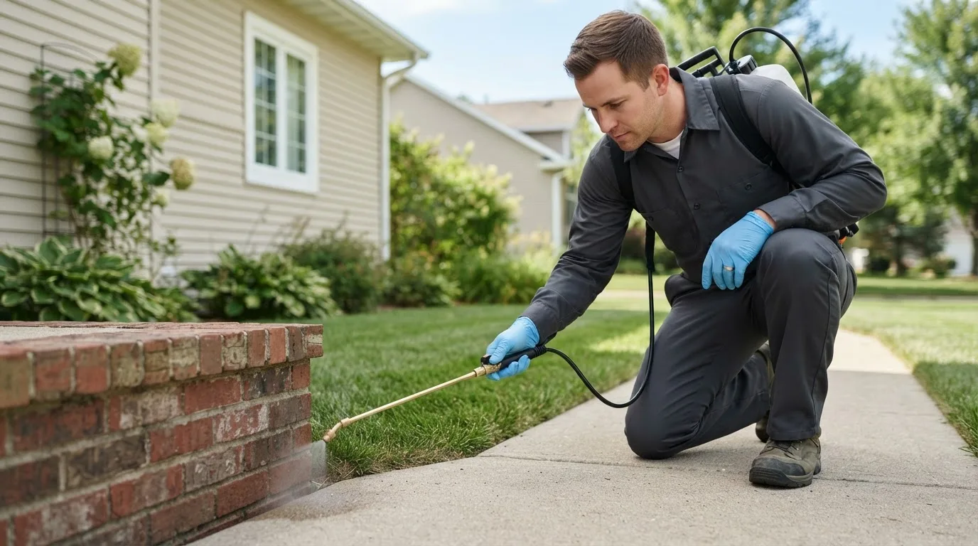 Pest control technician treating a home near Aurora, CO